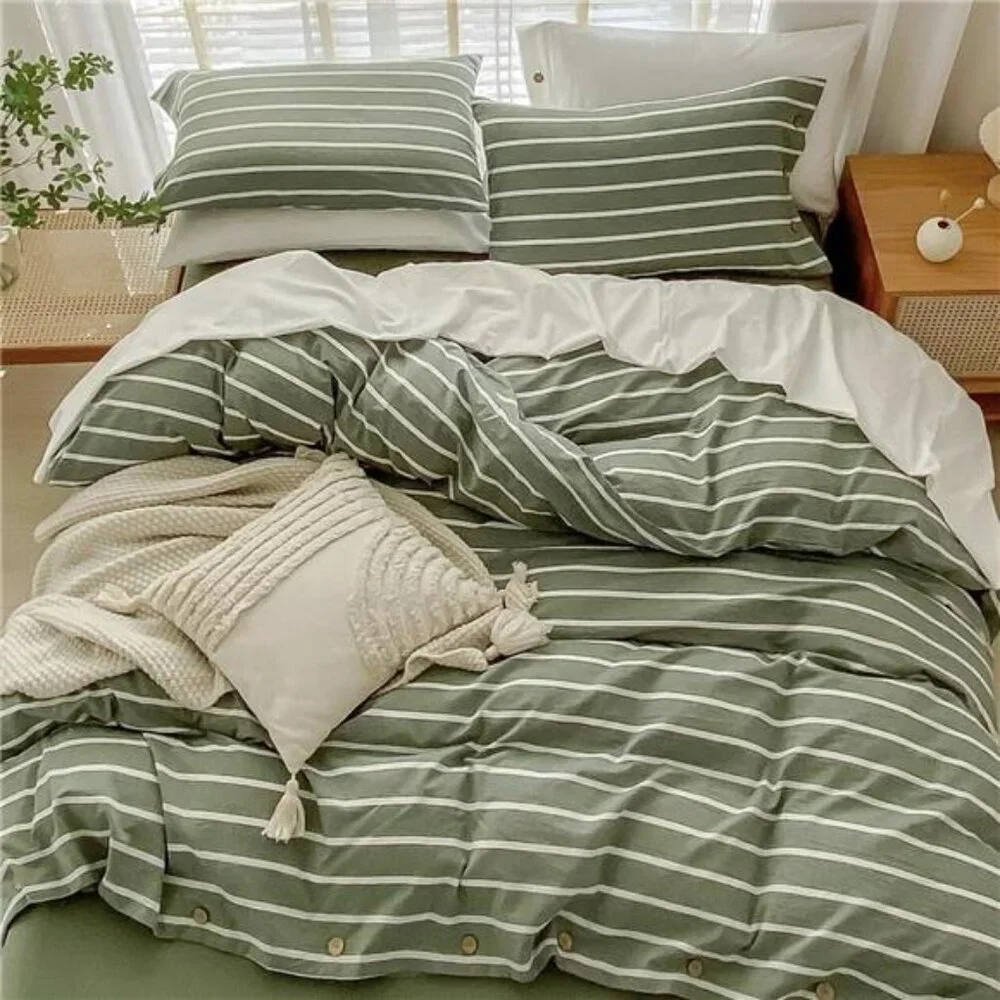 NEW West Elm Boho Green Stripe Queen / King Cotton Linen Bedding Duvet Sham Set